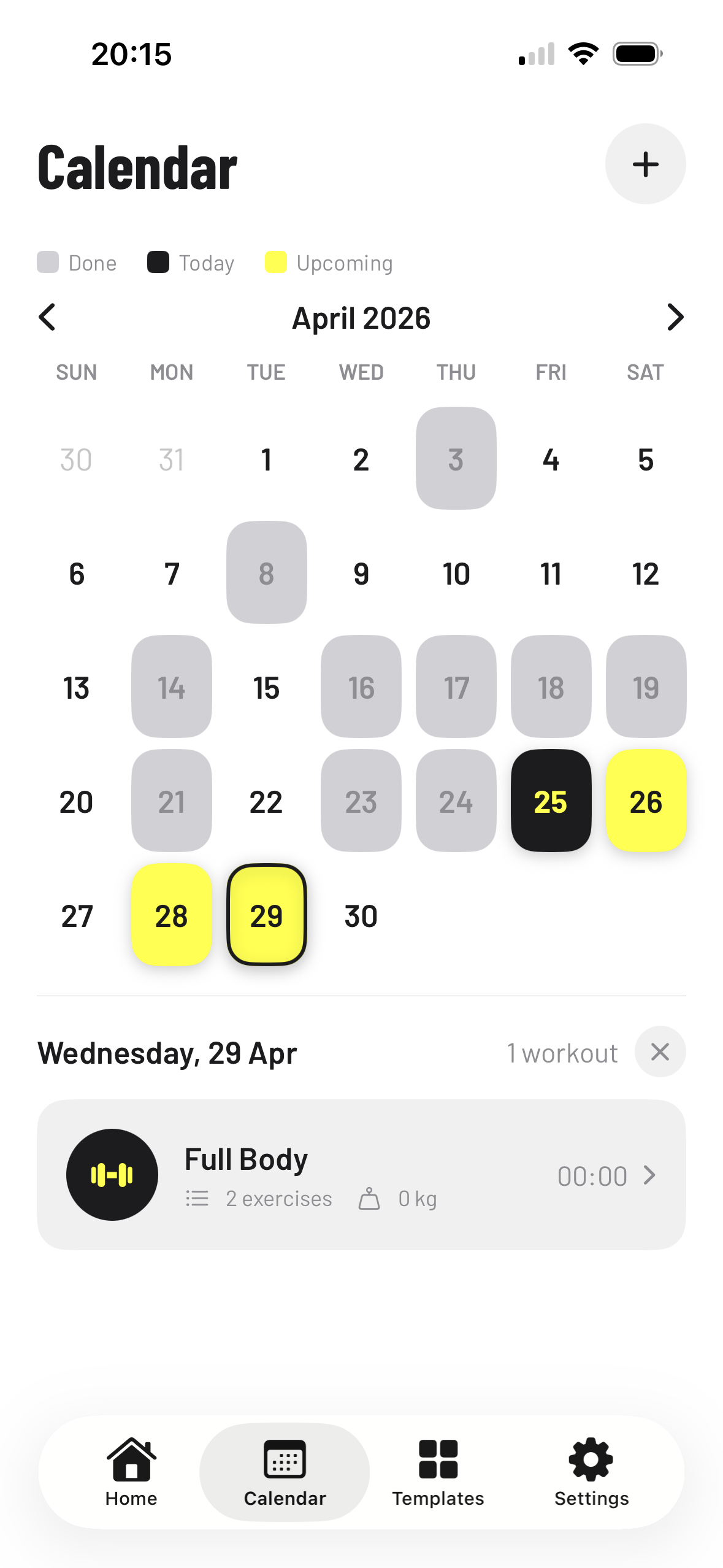Keln calendar view showing scheduled workouts
